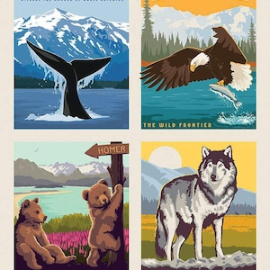 Panel - Alaska by Riley Blake Designs - USA Travel Vacation 4 Posters Wildlife Pillow Panel Cotton Fabric 36" x 43.5" FREESHIP90