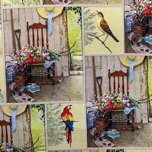 Tessuto di cotone digitale "Mezzo metro" Norman Rockwell Spring Flowers di David Textiles, Giardinaggio primaverile, Fiori, Uccelli
