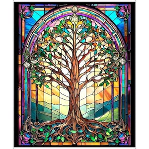 NEW! Panel - Tree Of Life by Quilting Treasures - Stained Glass Tree and Window Nature Cotton Fabric 36&quot;x44&quot;