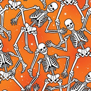 Half Yard  Halloween Spirit Skeleton Crew in Orange  by Benartex  Glow in the Dark Retro Vibe  Cotton Fabric FREESHIP90