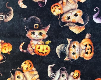 Halber Hof - Halloween Kätzchen auf Schwarz von Quilting Treasures - Halloween Katzen Kitties QT Cuties Baumwollstoff FREESHIP90