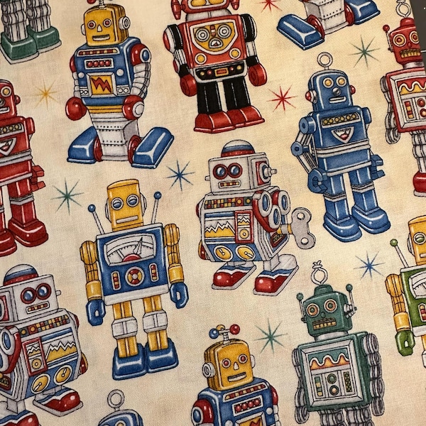 OOP Fat Quarter - Where the Toys Are by Dan Morris for RJR - Retro Vintage Toy Robots on Cream Cotton Fabric FREESHIP90