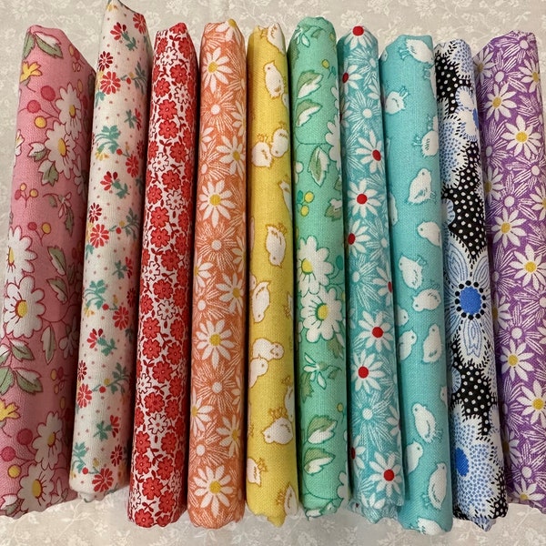 10 Piece Rainbow Fat Quarter Sampler of Nana Mae 7 by Henry Glass  Reproduction Feedsack 1930s Calico Floral Small Print 30s Cotton Fabric