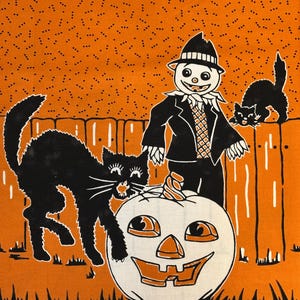 May include: An orange fabric featuring a repeating Halloween print of a white jack-o'-lantern, a black cat with arched back, a scarecrow in a suit and hat, and another black cat peering over a wooden fence, all set against a dotted background.