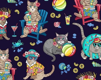 Half Yard - Beach Cats Allover on Navy by Michael Miller - Cats Kittens at the Beach Summer Fun Tropical Cats Cotton Fabric
