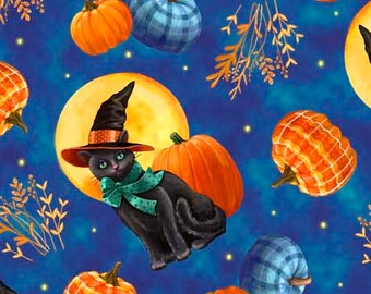 Half Yard Abra-Cat-Dabra by Quilting Treasures Halloween Cat & Pumpkin Toss on Blue Full Moon Witch Cats Cotton Fabric