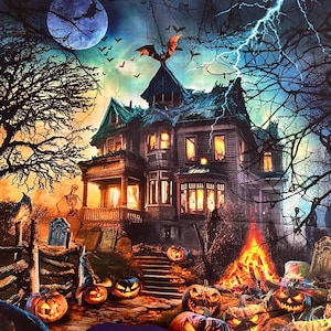 May include: A Halloween-themed tapestry featuring a haunted house with glowing windows, a full moon, lightning, and a bat. The scene includes a graveyard with tombstones, skeletons, a bonfire, and several carved jack-o'-lanterns on the ground.