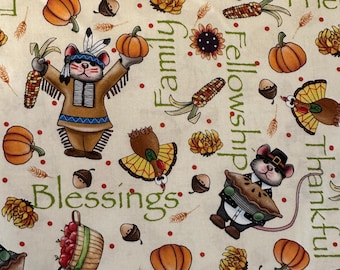 Half Yard - A Pilgrim's Autumn by Quilting Treasures - Autumn Fall Thanksgiving Blessing Mouse Pumpkins on Beige Cotton Fabric FREESHIP90