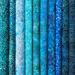 10 Piece Blue Batik FQ Bundle Assorted Expressions Batiks by Riley Blake - Cool Ocean Caribbean Sea Blues Aquas Tropical Cotton Fabric