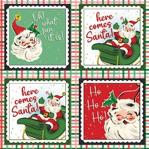 Op de afbeelding: Een set van acht vierkante kerststickers met illustraties van de Kerstman in rood-witte kleding. De ontwerpen bevatten teksten zoals let's be jolly, Oh! what fun it is!, here comes Santa! en Ho Ho Ho! op kleurrijke achtergronden.