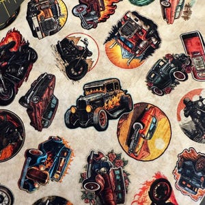 NEW! Half Yard - Heavy Metal by Quilting Treasures Stickers Classic Vintage Antique Muscle Cars Motorcycles on Cream Man Cave Cotton Fabric
