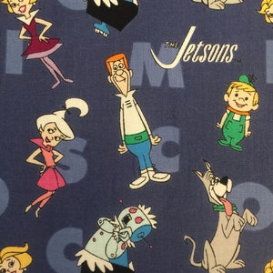 Half Yard The Jetsons Retro Space Age Family & Letters on Blue van Camelot Kids Klassieke tv-stripfiguren Robot katoenstof