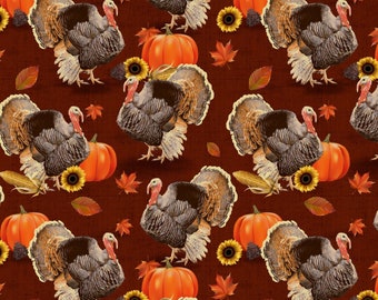 Half Yard  Turkeys and Pumpkins by David Textiles  Autumn Fall Thanksgiving Leaves Sunflowers  Cotton Fabric