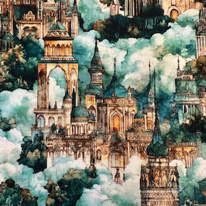 NEW! Half Yard - Folklore Medieval Castles in the Clouds by Quilting Treasures - Fantasy Cotton Fabric