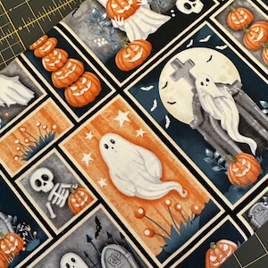 NEW! Half Yard - Ghosts in the Graveyard by Henry Glass - Halloween Glow in the Dark Tombstones Pumpkins Patchwork Cotton Fabric FREESHIP90