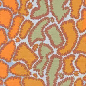 May include: A fabric pattern featuring irregular, amoeba-like shapes in bright orange and muted sage green. Each shape is outlined with a thick, dark reddish-brown border, set against a pale, light blue background that fills the gaps between them.