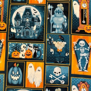 May include: A colorful fabric with a repeating pattern of Halloween-themed images. The images include a haunted house, skeletons, ghosts, pumpkins, and a knight in armor. The fabric is a dark blue color with orange and yellow accents.