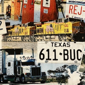 Half Yard - Collage della Route 66 di Timeless Treasures - Vagoni ferroviari, treni, autocarri, pompe di benzina, tessuto di cotone Heartland of America FREESHIP90