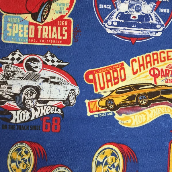 Half Yard Hot Wheels Classic in Blue by Riley Blake  Boys Girls Kids Toy Vintage Logo Garage Tires Vehicles Hot Rods Cotton Fabric