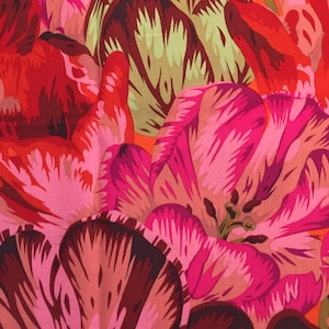 May include: A fabric featuring a dense, repeating pattern of large, stylized tulips in vibrant shades of hot pink, deep magenta, bright orange, and pale lime green. The floral design covers the entire surface with overlapping petals and leaves.