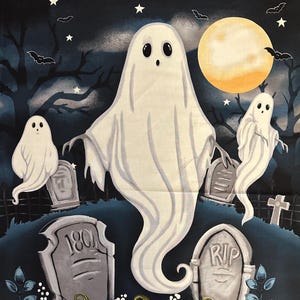 NEW! Panel - Ghosts in the Graveyard by Henry Glass - Halloween Glow in the Dark Ghost Tombstones Pumpkins Cotton Fabric 24"x44" FREESHIP90