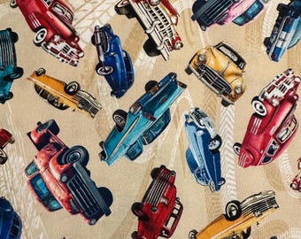 NEW! Half Yard - Route 66 by Michael Miller - Retro Vintage 1950s Classic Cars & Trucks on Tan Cotton Fabric