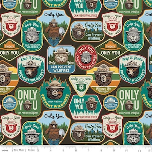 NEW! Half Yard - Only You Smokey Bear Patches on Bark by Riley Blake - Outdoor Nature Camping Forest Badges Cotton Fabric