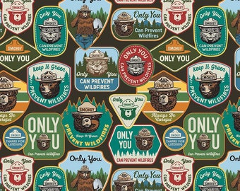 NEW! Half Yard - Only You Smokey Bear Patches on Bark by Riley Blake - Outdoor Nature Camping Forest Badges Cotton Fabric