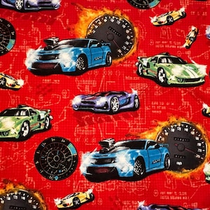 Half Yard - Fast and Wild by Studio E - Small Cars on Red - Hot Rods Race Cars Muscle Cars Mustang Camaro - Cotton Fabric FREESHIP90