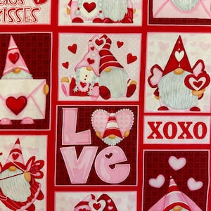 Half Yard  Gnomie Love by Henry Glass  Valentine&#39;s Day Cuddling Gnomes Hearts Love Romance on Pink  Cotton Fabric FREESHIP90