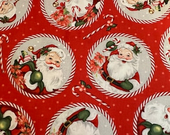 NEW! Half Yard - Candy Cane Lane Santa Circles on Red by Studioe - Santa Claus Christmas Cotton Fabric Classic Retro Vintage Vibe!