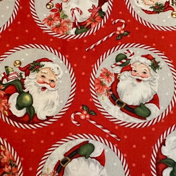 EOB 23"x44" Candy Cane Lane Santa Circles on Red by Studioe - Santa Claus Christmas Cotton Fabric Classic Retro Vintage Vibe!