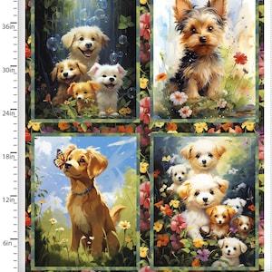 Puede incluir: Un collage digital con cuatro imágenes diferentes de perros en varios entornos. La imagen superior izquierda muestra tres perros con burbujas flotando a su alrededor. La imagen superior derecha muestra un Yorkshire Terrier sentado en un campo de flores. La imagen inferior izquierda muestra un golden retriever con una mariposa en el fondo. La imagen inferior derecha muestra un grupo de perros pequeños en un campo de flores.