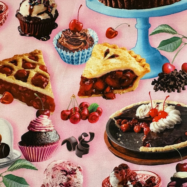 Half Yard - Realistic Cherry Desserts & Treats on Pink Cherry Hill by Benartex - Bakery Sweets Pie Ice Cream Kitchen Baker Cotton Fabric