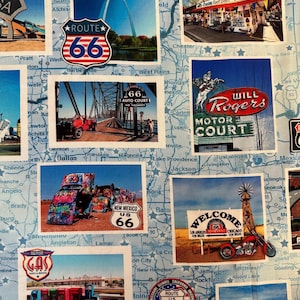 Demi yard - America's Highway by Benartex Route 66 Landmarks sur bleu USA cartes postales tissu en coton FREESHIP90