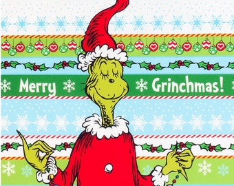 Panel - How the Grinch Stole Christmas by Robert Kaufman - Grinchmas Dr Seuss Character Kids Holiday Book Cotton Fabric 24"x44"