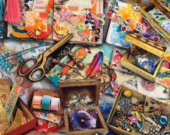 NEW! Half Yard - Junk Journal by Aimee Stewart Junk Journaller's Desk Michael Miller Retro Vintage Fun Baubles Art Kitschy Cotton Fabric
