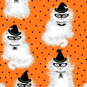 Half Yard  Spell on You  Meow Masquerade by Freckle & Lollie  Halloween Witch Cats Kitties Kitten on Orange Cotton Fabric FREESHIP90