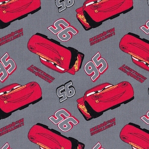 Half Yard - Disney Cars Lightning McQueen on Gray by Springs Creative - Hot Rods Race Cars Muscle Cars - Cotton Fabric FREESHIP90