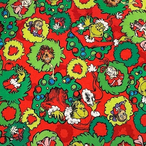 Half Yard - How the Grinch Stole Christmas by Robert Kaufman - Grinchmas Wreaths Whos on Red Dr Seuss Character Kids Holiday Cotton Fabric
