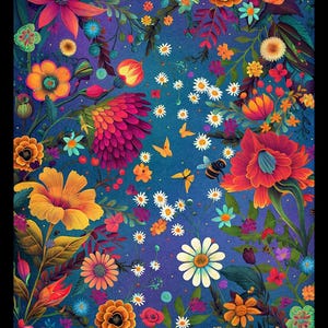 May include: A vibrant floral illustration featuring a variety of colorful flowers, butterflies, and a bee against a deep blue background. The artwork showcases a mix of orange, pink, yellow, and white flowers, creating a lively and detailed botanical scene.