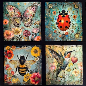 May include: Four square panels with floral and insect designs. A butterfly, ladybug, bee, and hummingbird are depicted with colorful flowers against a teal background. The artwork has a vintage, botanical theme.