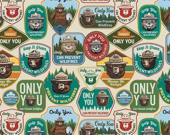 NEW! Half Yard - Only You Smokey Bear Patches on Cream by Riley Blake - Outdoor Nature Camping Forest Badges Cotton Fabric