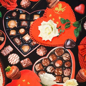Half Yard - True Romance Chocolate Candy Heart Boxes on Black by Kanvas for Benartex Valentine's Day Bon Bons Love Romance Cotton Fabric