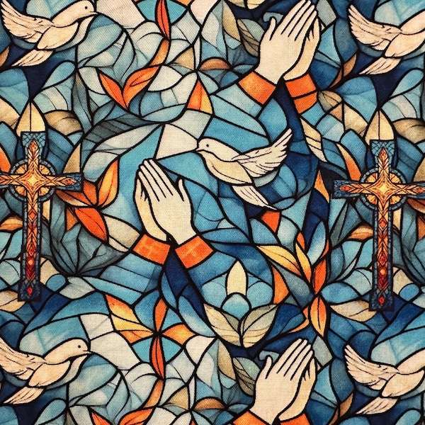 NEW! Half Yard - Faith in Full Color by Henry Glass - Stained Glass Praying Hands Doves Cross Religious Inspiration Christian Cotton Fabric