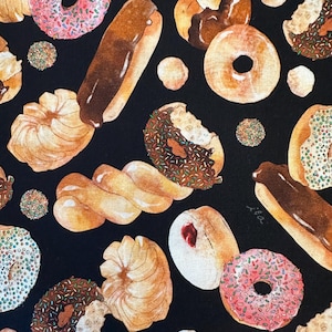 May include: A black background with a repeating pattern of various pastries, including donuts, eclairs, and twists. The donuts are decorated with sprinkles and icing. The eclairs are filled with chocolate cream. The twists are made of dough and are braided.