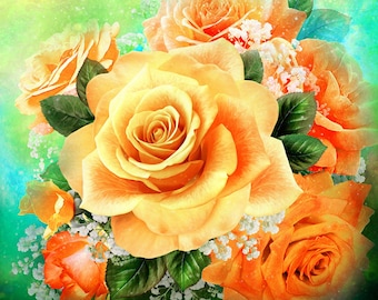 XL Panel - American Beauty Yellow Roses by Oasis Fabrics 60"x60" Roses Summer Spring Garden Fabric Cotton Panel - Quick Quilt Top or Backing