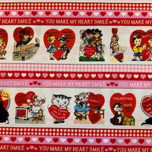 Un demi-mètre - vintage Saint-Valentin par Michael Miller - Saint-Valentin baisers bordure rayures cartes de voeux rétro coeurs tissu en coton