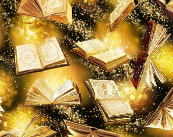 Half Yard - Mystic Library by Timeless Treasures - Golden Glowing Magic Spell Books Cotton Fabric