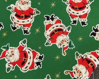 Half Yard - Dancing Santas by 3 Wishes - Retro Vintage 50s Christmas Santa Claus on Green Saint Nick Cotton Fabric FREESHIP90